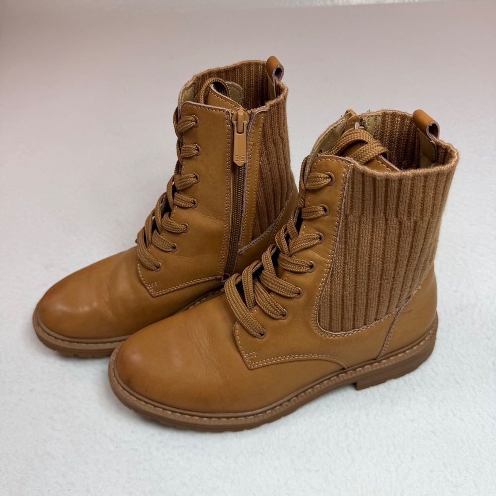 Sam Edelman Kids Tan Leather Ribbed Knit Combat Boots Side Zip Lug Sole Size 4